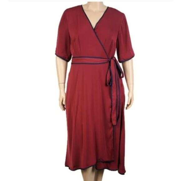 ELOQUII NWT Marroon with Navy Trim Short Sleeve Wrap Dress // 18 - Picture 1 of 10